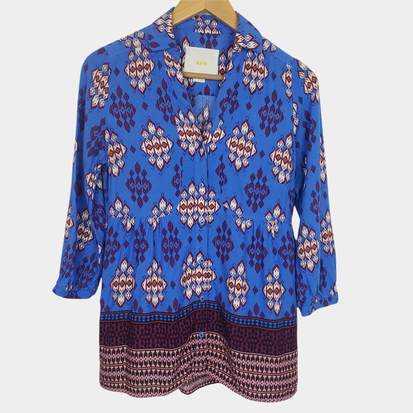 Anthropologie Tops - Anthro Maeve Blue Woodland Walk Aztec Blouse 2